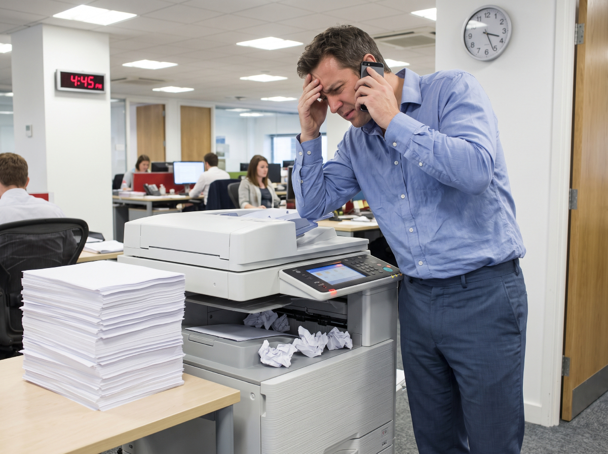 Stressed office employee dealing with a multifunction printer and large stack of documents